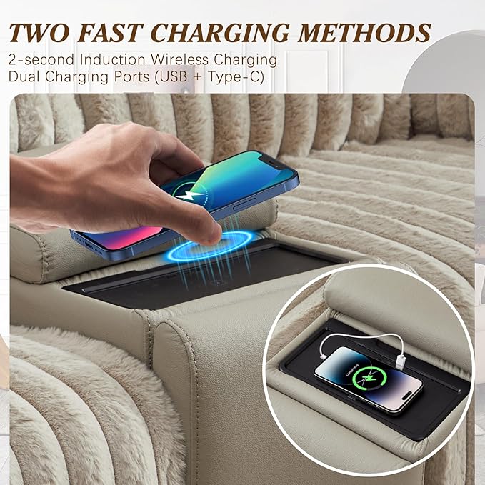 Oversized Reclining Loveseat with Hidden Cup Holders &amp Wireless Charger Wall Hugger Reclining Sofa Manual Double Recliner Loveseat with USB Ports for Living Room (Beige Loveseat)