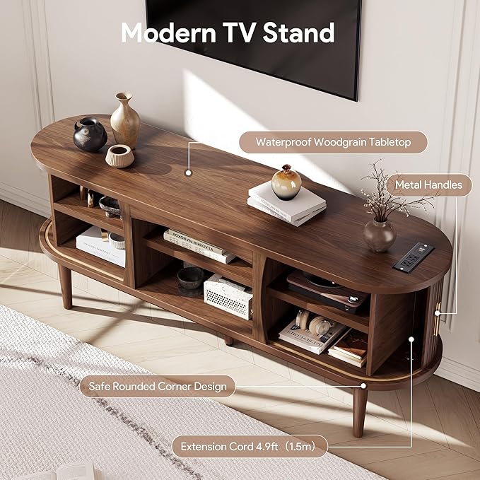 Mid Century TV Stand for TVs up to 65 Inches Entertainment Center with Storage Power Outlet Fluted Sliding Doors &amp Adjustable Shelves Modern Media TV Console Table for Living Room (Walnut)