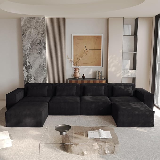 Modular Sectional Sofa Couch150 U-Shaped Cloud Couch Minimalist 6 Seater Sofa Convertible Couches for Living RoomBlack