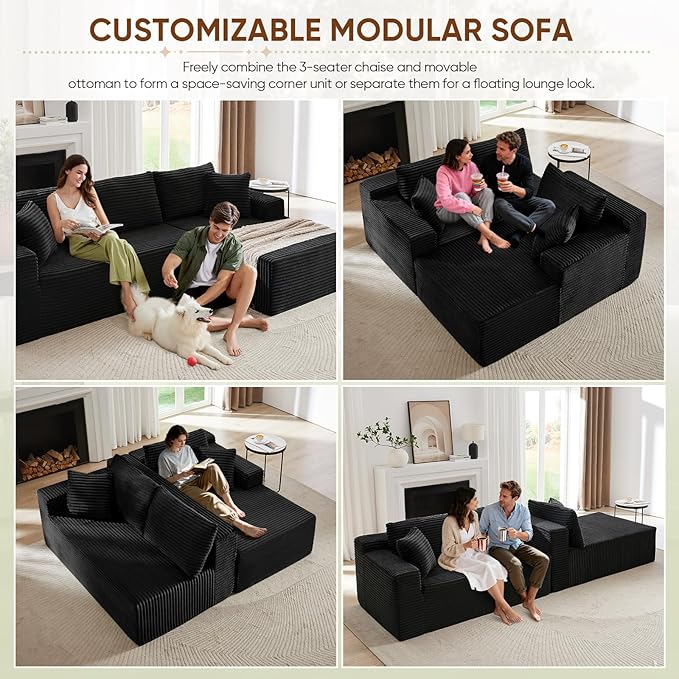 103 Modern L-Shaped Modular Sectional Sofa Comfy Corduroy Deep Seat Oversized Black Cloud Couch Deep Seat Compressed Foam Boneless Couches for Living Room No Assembly (Black Right Facing Chaise)