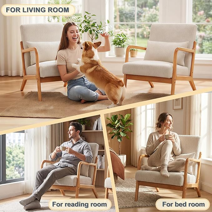 Mid Century Modern Accent Chair Upholstered Corduroy Armchair with Lumbar Pillow Solid Rubberwood Frame for Living Room Bedroom Waiting Room Beige