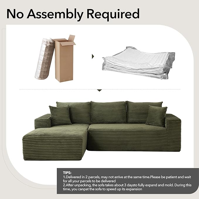 108 Cloud Sectional Couch with L-Shape Chaise Modern Modular Sofa with Deep Seat Boneless Cloud Couches for Living Room Bedroom No Assembly Required Plush Corduroy (Green Left Facing Chaise)