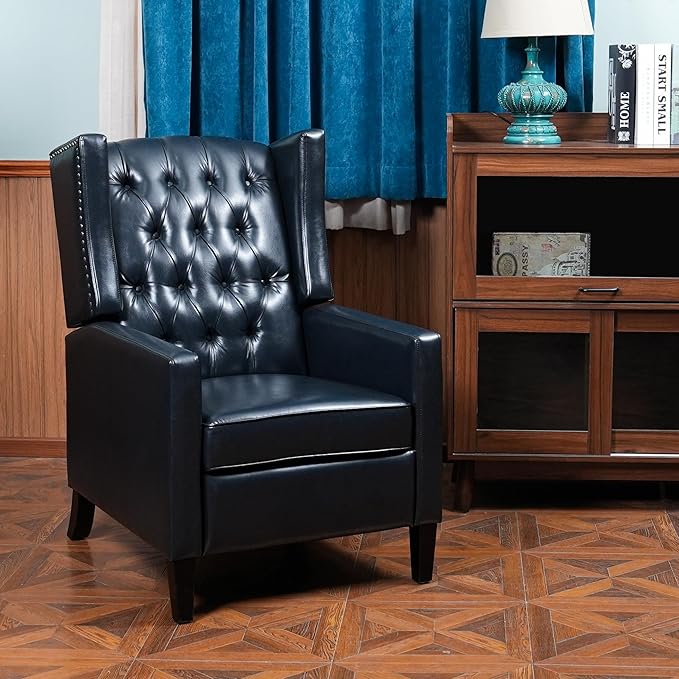 CONSDAN Recliner Chair Leather Recliner Sofa with Soft High-Resilience Cushion Living Room Chair with Button Tufting and Nailhead Trim Black