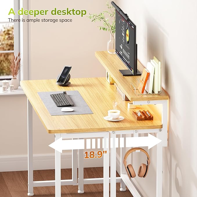 Folding Desk for Small SpaceFoldable Computer Desk with Monitor Stand31.5 Inch Small Desk with LED Lights for Bedroom Home OfficeWriting Work Office Computer Desk with HooksOak