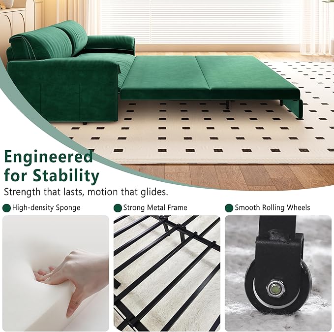 63.8 Futon Sofa Bed Queen Size Pull Out Bed 3-in-1 Convertible Sleeper Sofa with Side Pocket Modern Velvet Futon Couch for Living Room Small Space Apartment Bedroom Green
