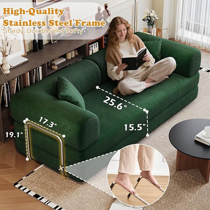 78.8 Corduroy Convertible Sofa Bed with Stainless Fixed-Shape Frame 4-in-1 Boneless Loveseat with Pull-Out Bed Lounge Futon Sofa Couch Floor Mattress for Living Room No Assembly Required(Green) |