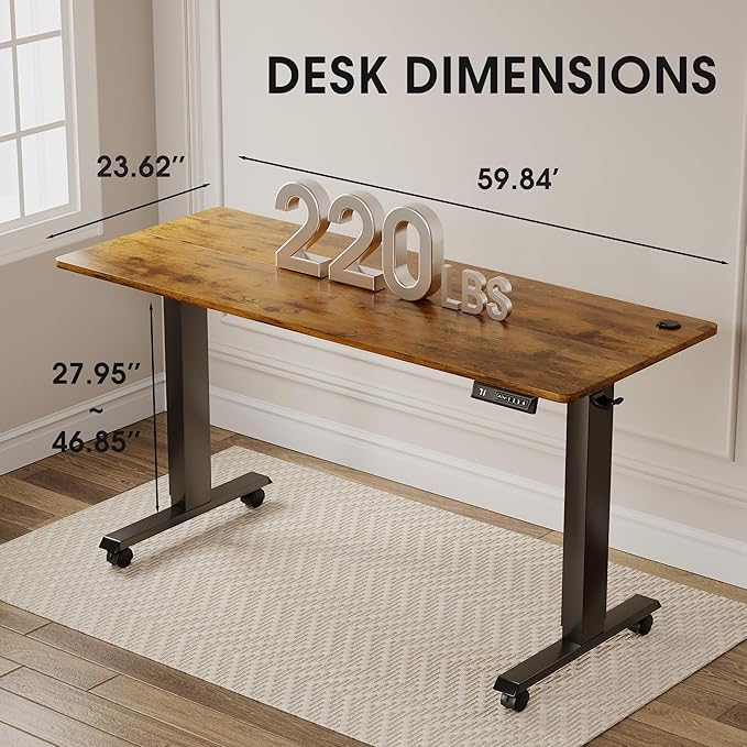 Shahoo Electric Standing Desk 60 Inch Ergonomic Height Adjustable Table with T-Shaped Metal Bracket Modern Computer Workstations for Home Office Rustic Brown 60 x 24 Inch