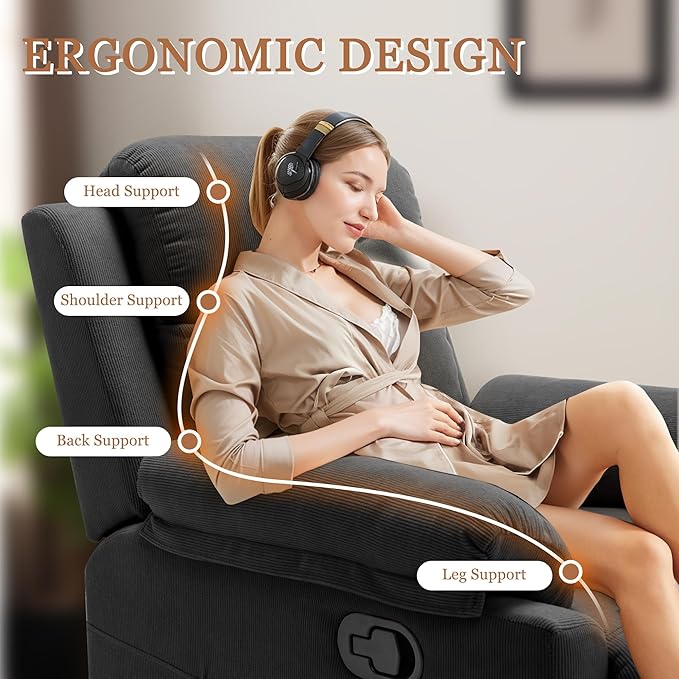 Recliner Chair for Adults Small Recliner Chair for Small Spaces Upholstered Corduroy Manual Recliner with Side Pockets Reclining Chair for Living Room Nursery Black