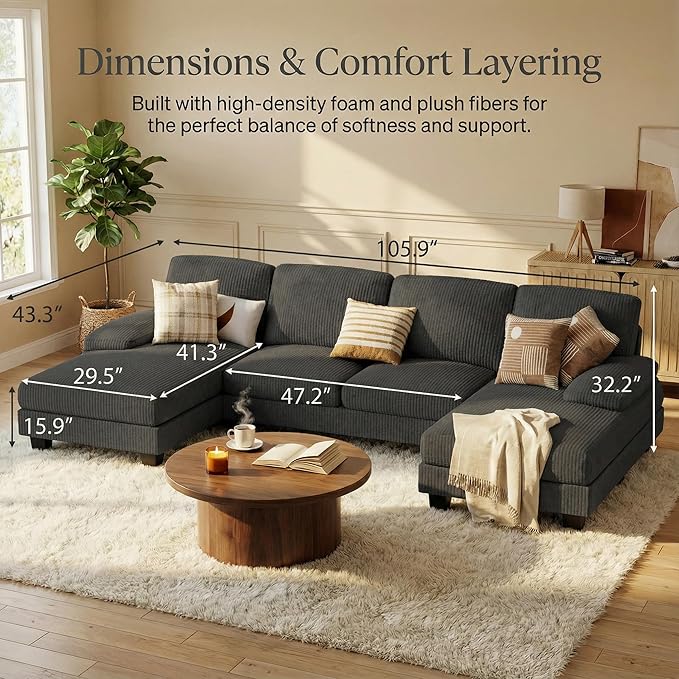 Homall Modular Sectional U Shaped Sofa Couches for Living Room Comfy Corduroy 4 Seat Sofa Set with Removable Pillows Lounge Chaise Upholstered Couch for Apartment (Corduroy Dark Grey)