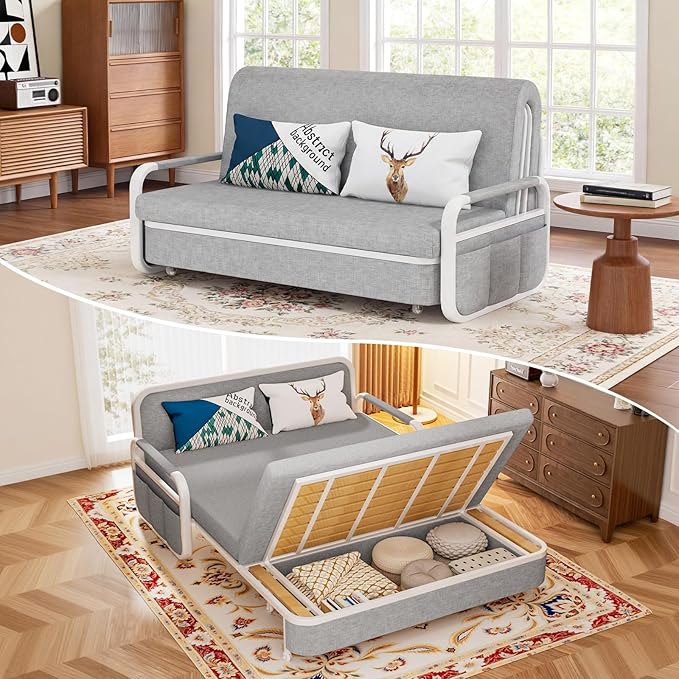 62 Pull Out Sofa Bed 3 in 1 Convertible Sleeper Sofa Full Size Loveseat Couch Bed with Storage Trundle and 2 Pillows for Living Room Bedroom Dorm Office RV (Stone Gray-809)