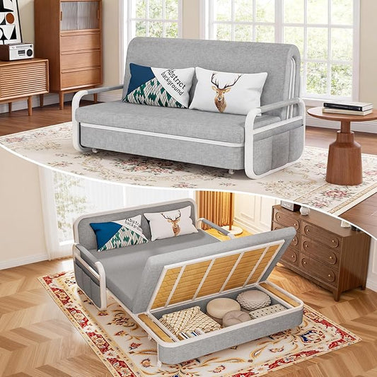 62 Pull Out Sofa Bed 3 in 1 Convertible Sleeper Sofa Full Size Loveseat Couch Bed with Storage Trundle and 2 Pillows for Living Room Bedroom Dorm Office RV (Stone Gray-809)