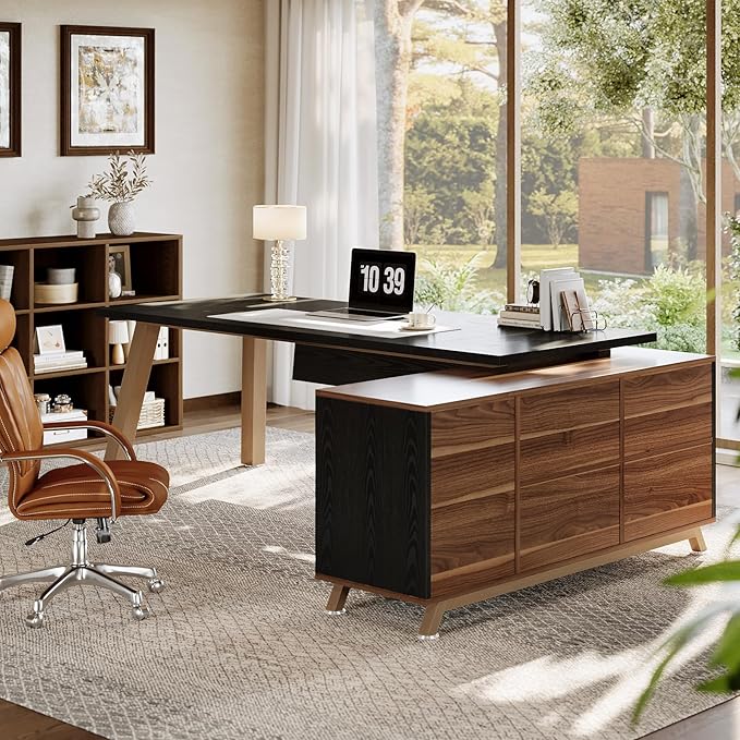 Tribesigns 78.7 L-Shaped Executive Desk Modern Office Desk with File Drawers &amp Storage Shelves Large Computer Desk with 55-Inch Cabinet Business Workstation for Home Office Black &amp Walnut