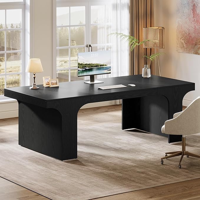 Tribesigns 70.87 Executive Office Desk Large Workspace Computer Desk Modern Wooden Writing Table Simple Business Furniture with Arched Design for Home Office Black