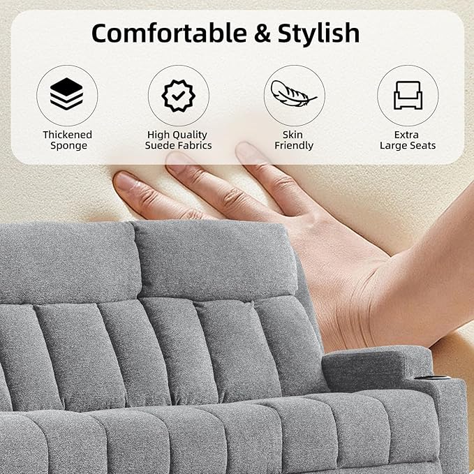 CANMOV Manual Recliner Sofa Set Fabric Recliner Living Room Furniture Sets 1 Seat Reclining Chair and a 3 Seate Sofa Furniture Set with Side Pockets and Cup Holders Light Grey