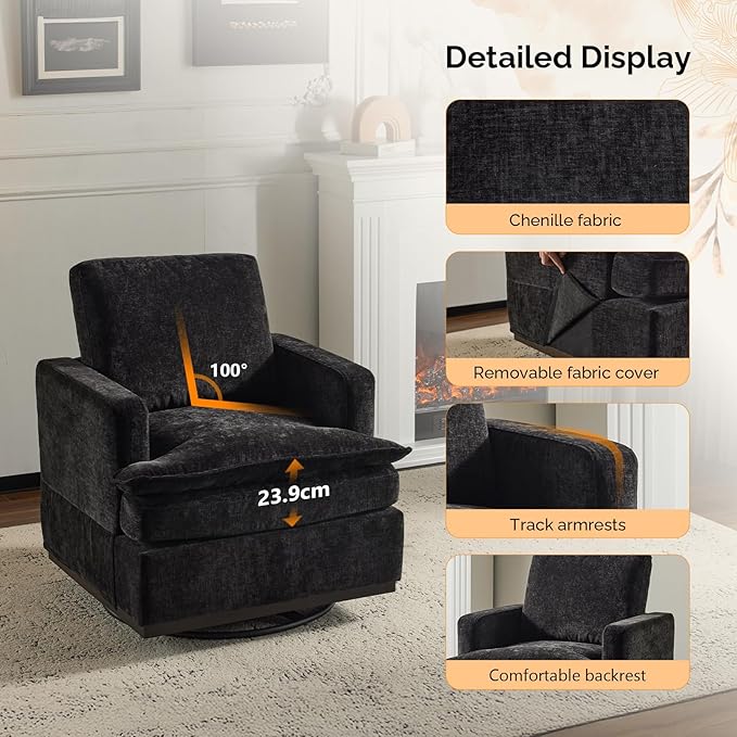 VINGLI Mid-Century Modern Single Swivel Armchairs Set of 2 360° Swivel Double-Layer Seat Cushions Upholstered Square Club Chair for Living Room Bedroom Reading RoomChenille Black