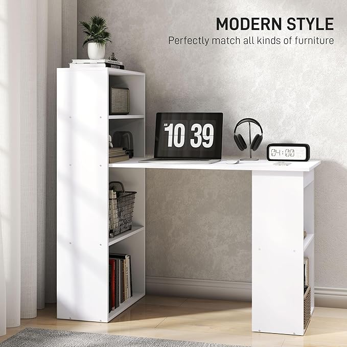 HOMCOM Modern Home Office Desk with 6-Tier Storage Shelves 47 Writing Desk with Bookshelf White