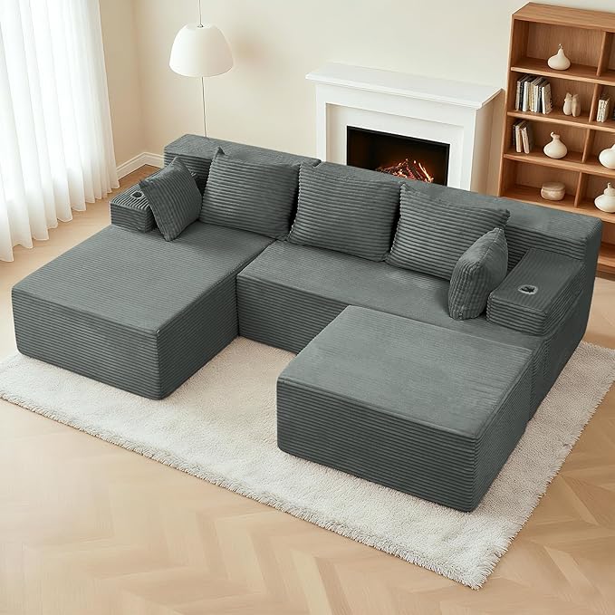 Boneless Couch Cloud Modular Sectional Sofa Modern Convertible L Shaped 3 Seat Corduroy Deep Seat Boneless Couches with 5 Pillows for Living Room Apartment (Dark Gray Left Facing Chaise+Ottoman)