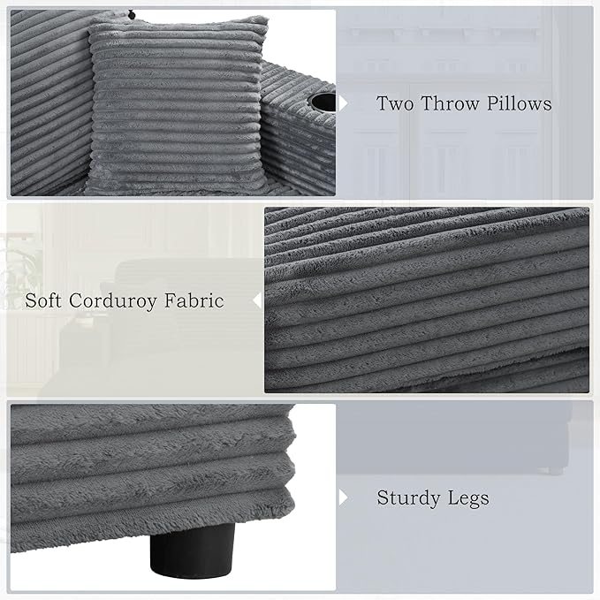 86.5 Oversized Double Chaise Lounge Indoor Corduroy Upholstered Sofa Bed  Deep Seat Lounger Loveseat Recliner Daybed with Dual USB Ports  Two Cup Holders and Throw Pillows for Living Room Bedroom