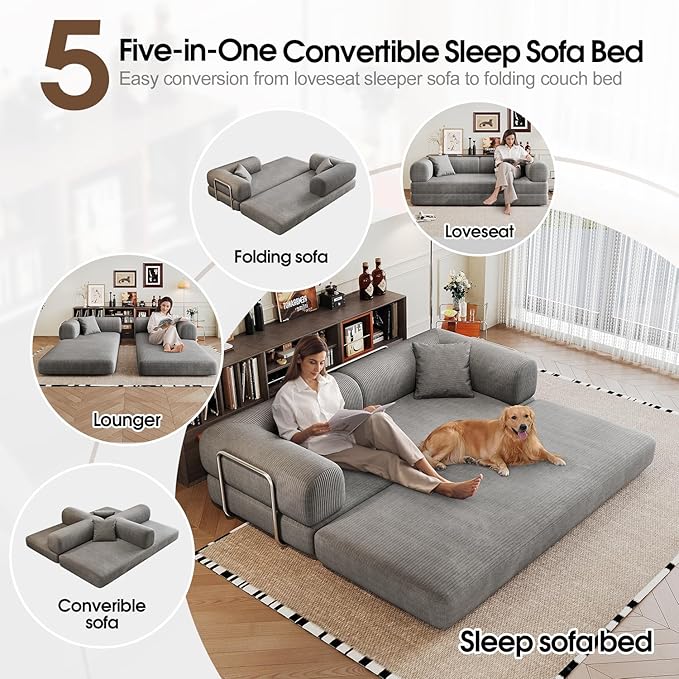 78.8'' Convertible Sofa Bed Boneless Couch in a Box Modular Corduroy Comfy Foldable Sleeper Compression Sofa Loveseat Couches for Living Room (Grey 78.8 inch)