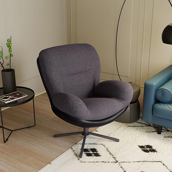 360° Swivel Office Chair Modern Chenille Chair with Faux Leather and Black Metal Base e No Wheels Accent Chair for Small Spaces Living Room Bedroom Reading Corner Office Dark Gray
