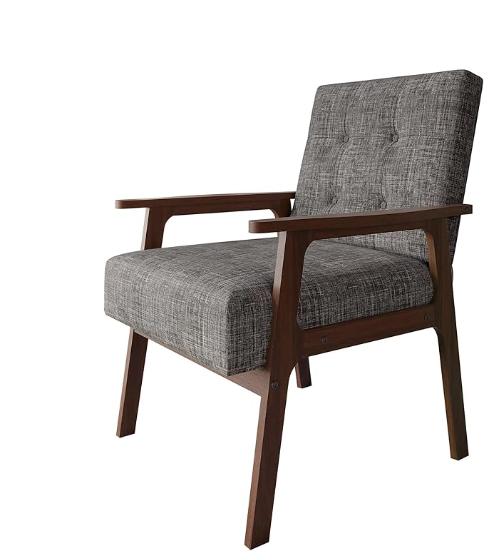 Accent Chair with Button-Tufted Linen Upholstery Wooden Armrests Cushioned Seat Easy Assembly Light Grey