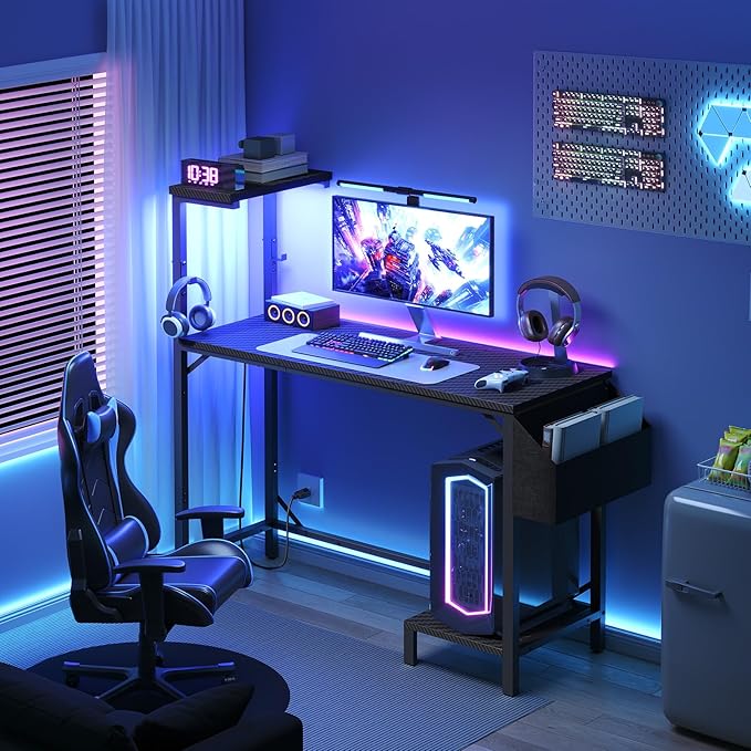 Gaming Desk Computer Desk with Charging Station and LED Light Small PC Desk with Side Storage Bag and Shelves 2 Hooks for Living Room Home Office Bedroom Black CDHS134E01