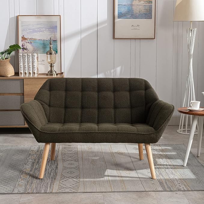 48 Small Loveseat Sofa Modern Sherpa Mini Sofa Couch 2-Seater Fluffy Love Seat with Quilting Backs and Wood Legs for Living Room Bedroom and Small Space Green