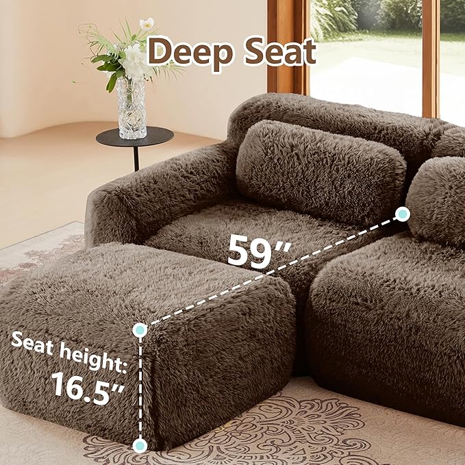 80.4-Inch Boneless Love Seat Couches in a Box Modern 2 Seat Floor Modular Foam Cloud Sofa Faux Fur Loveseat Couch W/Angle Armrests for Home Apartments Bedroom