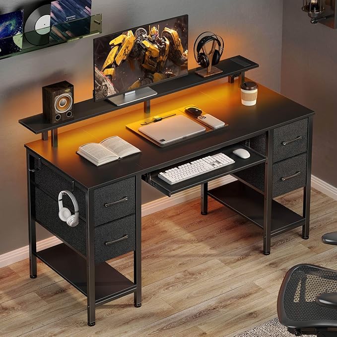 Seventable Computer Desk 55.1 with LED Lights &amp Power Outlets Home Office Desk with 4 Drawers Writing Desk with Keyboard Tray Study De sk with Monitor Stand Work for Home Office Black