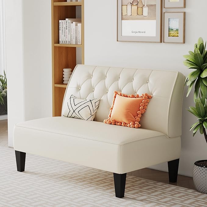 Alunaune Upholstered Loveseat Bench Couch for Bedroom Modern Anti Scratch Cushioned Armless Settee Small Love Seat Sofa Faux Leather Living Room Couch-Beige