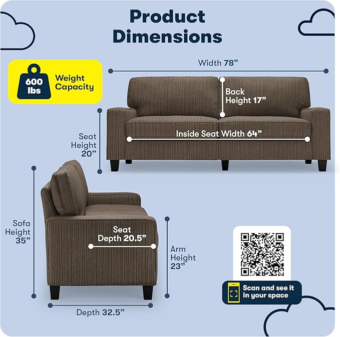 Serta Palisades 78 Track Arm Sofa Easy Care Polyester Soft Pillow Back Pocket Coil Seat Cushions Removable Covers Loveseat or Couch for Small Spaces Living Rooms or Bedrooms Brown