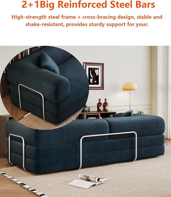 Convertible Sleeper Sofa Bed with Cylindrical Pillow 79 Inch Oversized Corduroy Upholstered Boneless CouchLove Seat Floor Sofas Living RoomSmall Space ApartmentOffice (Blue)