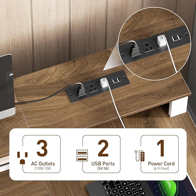 Farmhouse L Shaped Desk with Drawers 53 Inch Executive Desk with File Cabinet and Monitor Stand Wooden Corner Computer Desk with Power Strip for Home Office Work and Study White and Walnut