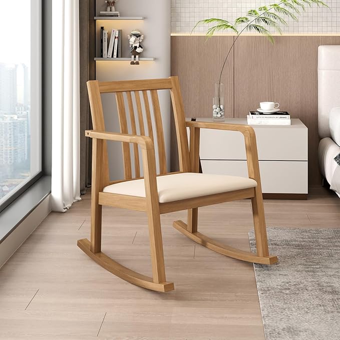 Giantex Rocking Chair with Cushioned Seat Indoor Solid Rubber Wood Rocker Chair w/Slatted Back &amp Curved Armrests Wooden Accent Armchair for Living Room Bedroom Study Porch (1Natural + Beige)