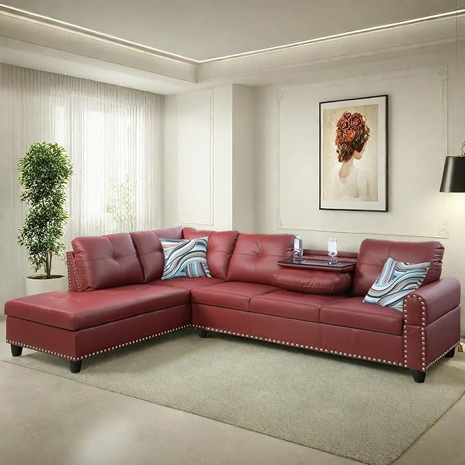 FONTOI Leather Sectional Couch Sofa Modern Nail-Head Design L Shaped Sectional Sofa for Living Room 4 Seat L Couch with Storage Ottoman &amp Cup Holder for Bedroom Apartment Red