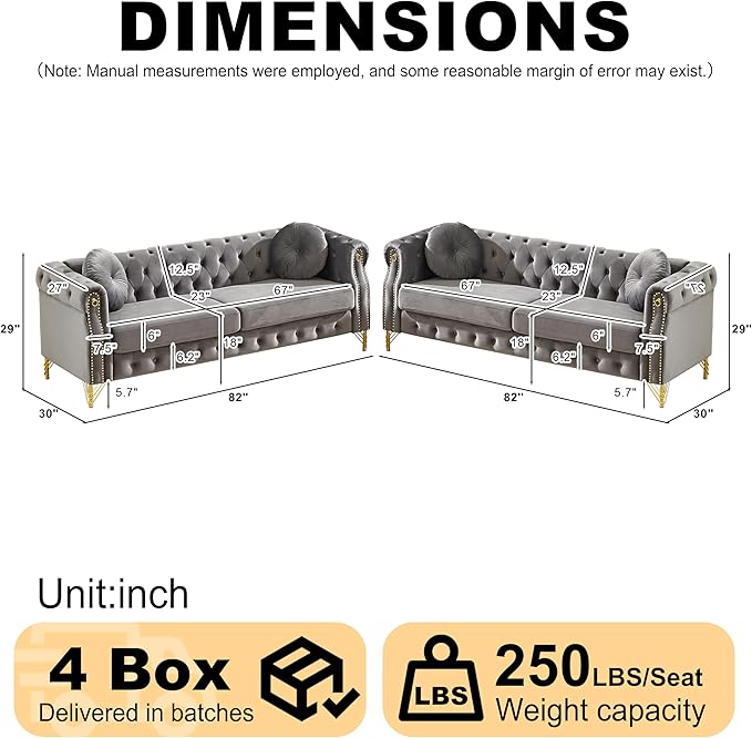 KEIKI 6 Seat Chesterfield Sofa Retro Style Upholstered 3+3 Seats Velvet Couch with Rolled Arm for Living Room Bedroom Office Gray