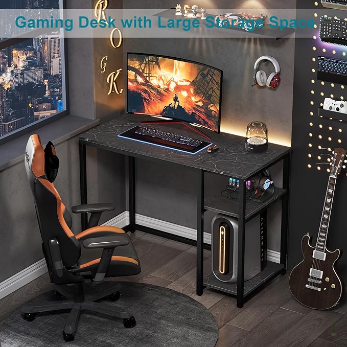 SINPAID Computer Desk 40 inches with 2-Tier Shelves Sturdy Home Office Desks with Large Storage Space Modern Gaming Desk Study Writing Laptop Table Black Marble