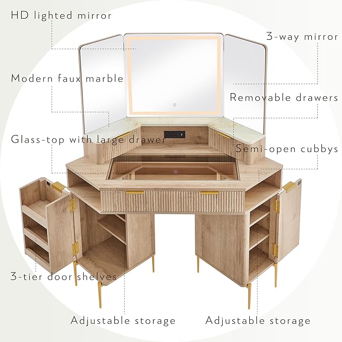 T4TREAM 48 Fluted Makeup Vanity Desk with HD Triple Mirror and Lights Large Lighted Corner Vanity with Glass Top Modern Dressing Table with 3 Drawers &amp 2 Cabinets for Bedroom Natural Oak