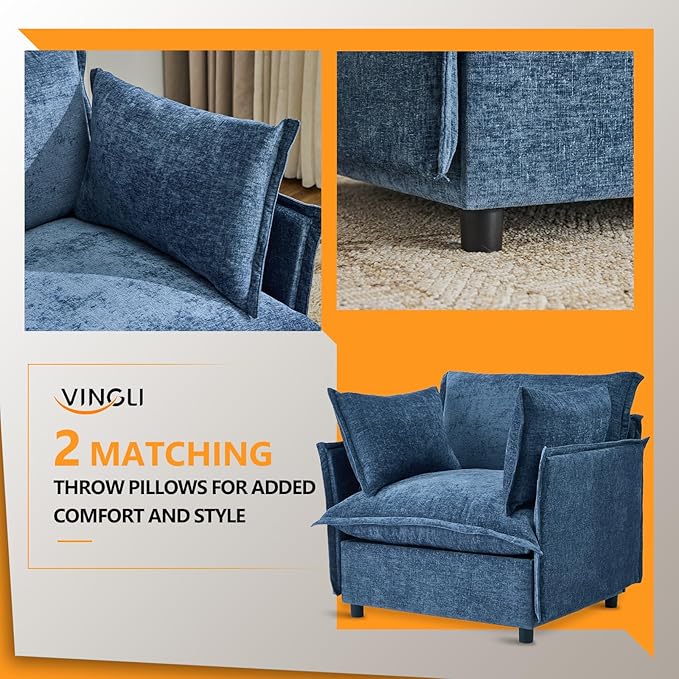 VINGLI Blue Accent Chair 34 Width Oversized Reading Chair Upholstered Armchair Soft Chenille Fabric Living Room Chairs Sofa for Adults Bedroom Home Office Play Room