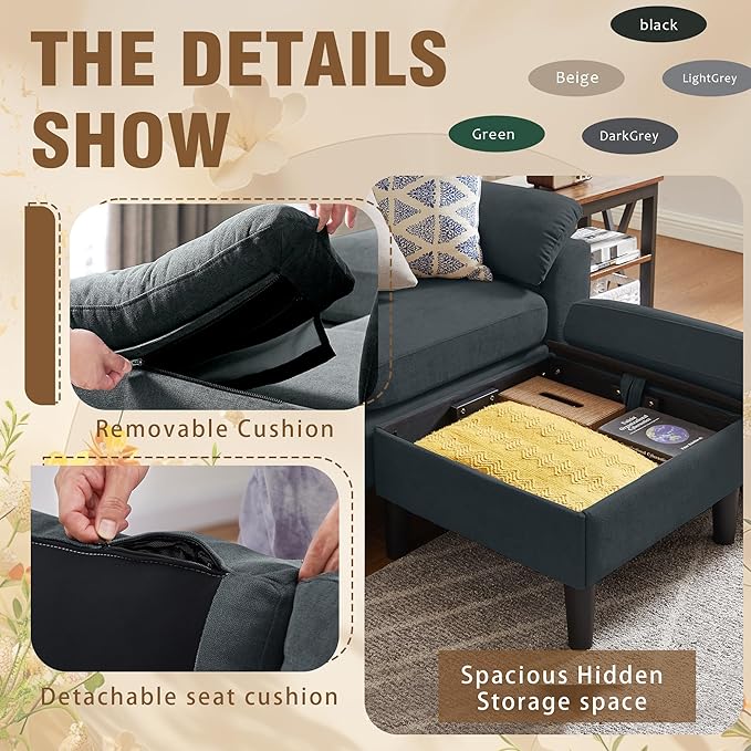 2 Piece Sectional Sofa Set 3-Seat Small L Shaped Couch with Storage Ottoman and 2 Seat Loveseat Sofa Set Polyester Fibre for Living Room Dark Grey