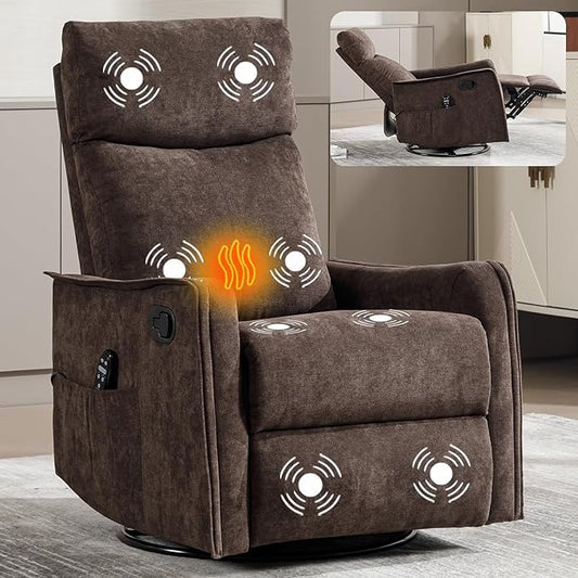 Massage Chair Recliner with Heat Swivel Rocking Chair Recliner with High Back Manual Nursery Recliners for AdultsSmall Recliner Chair for Small Spaces Living Room Bedroom Fabric (Dark Brown)