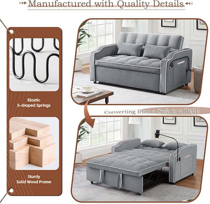 Pull Out Sofa Bed with Phone Holder Convertible Velvet Loveseat Sleeper with 2 USB Charging Ports Modern Futon Couch with Cup Holders and Adjustable Backrest Love Seat for Living Room Light Grey