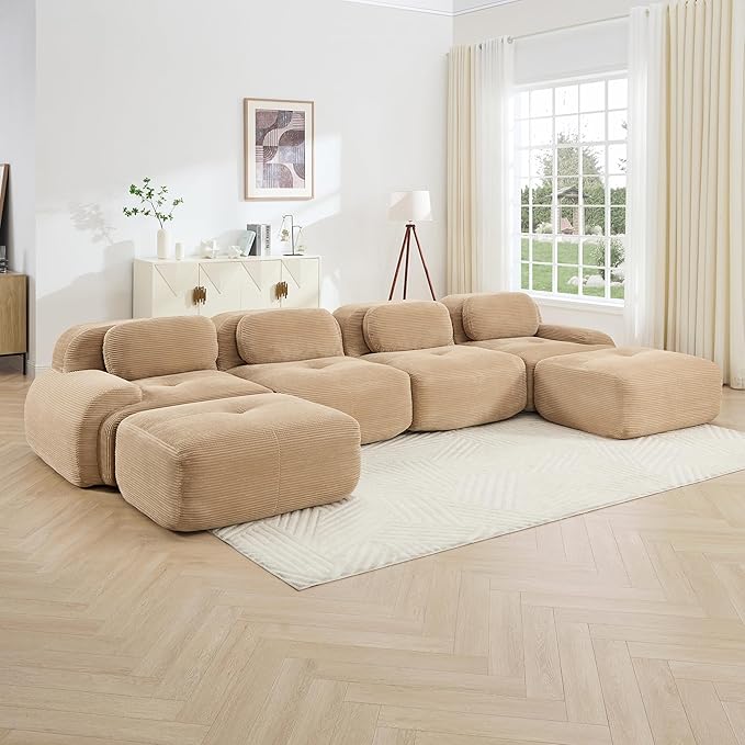 152.7 U-Shaped Cloud Couch Modular Sectional Sofa - Boneless Deep Seat 4-Seater with 2 Movable Ottomans No Assembly Corduroy Upholstery Couches for Living Room (Camel)