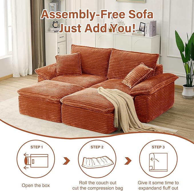 Convertible Sofa BedSleeper Sofa with Deep SeatComfy Corduroy Fluffy Boneless Couch with Movable OttomanCloud Couch for Small PlaceNo Assembly Required.（LoveseatOrange）