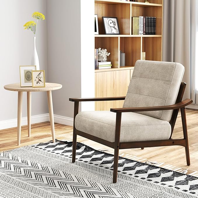 Giantex Mid Century Modern Accent Chair Max Load 440 LBS Upholstered Living Room Chair with Rubber Wood Armrests &amp Legs Removable Back Cushion Comfy Reading Arm Chair for Living Room Bedroom