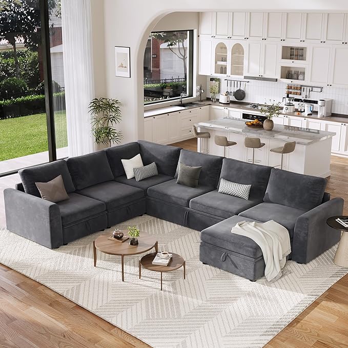 Garvee Sectional Sleeper Couch with Pull Out Sofa Bed Corduroy Modular Sectional Sofa L Shaped 5 Seat Couch with Storage Seat Sectional Couches for Living Room