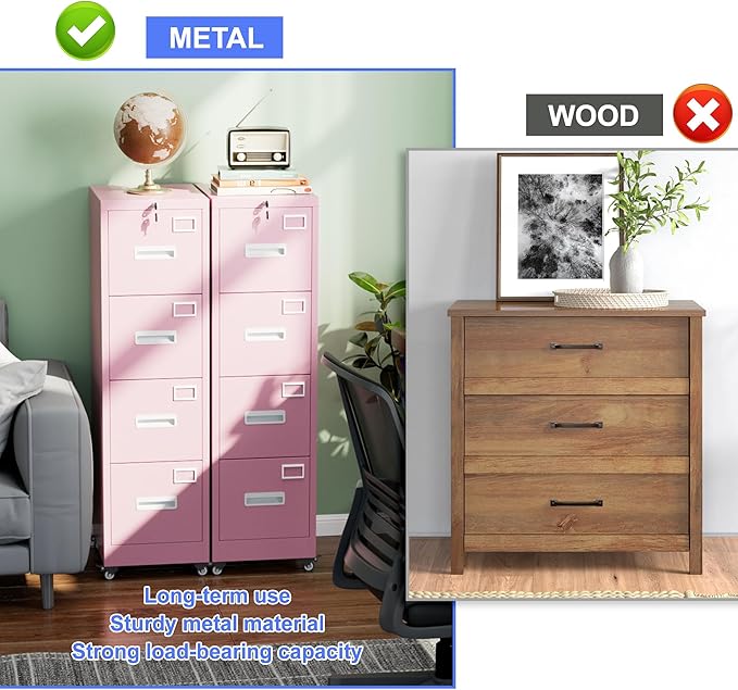 METAN 4 Drawer File Cabinet on Wheels Lockable Metal Filing Cabinet with Handle and Name Card for Office HomeAssembly RequiredPink