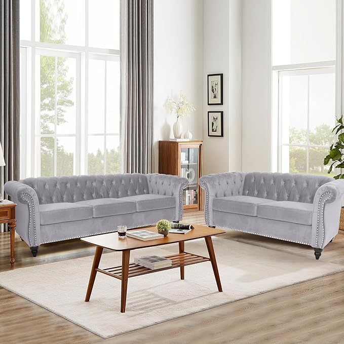 Chesterfield 3 Seater Sofa Sofa Couch with Rolled Arms Tufting Nailhead Trim Large Couch for Living RoomBedroom Office Apartment (Velvet Grey)