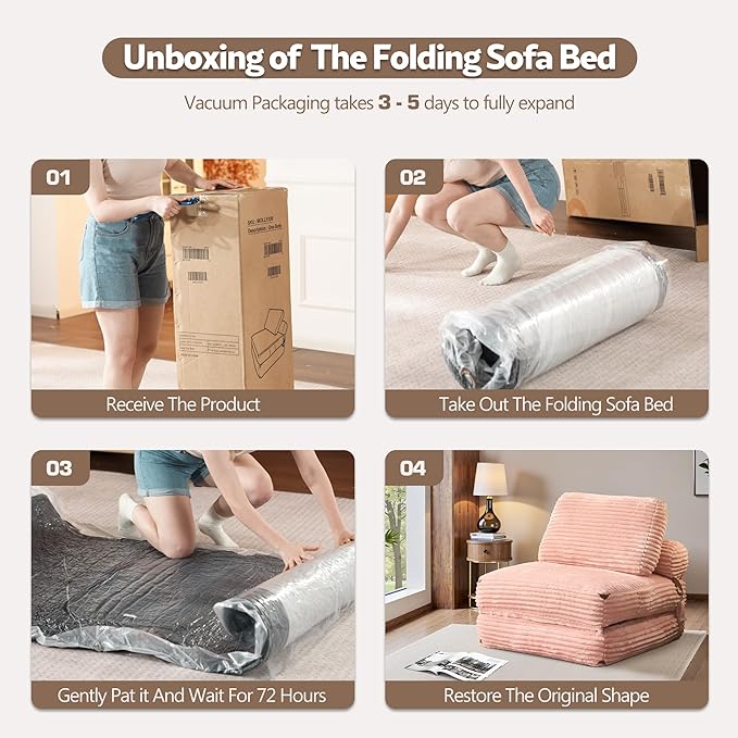 Folding Sofa Bed Convertible Sleeper Chair with Pillow Back Support Plush Corduroy No Assembly Memory Foam Chair Beds for Small Space Apartments Guest Bedroom (Pink Single)