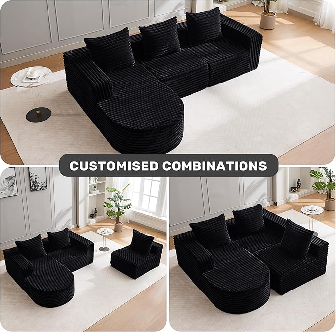 Boneless Cloud Couch Modular Sectional Sofa L-Shape with Chaise 102 Soft Faux Fur Deep Seat &amp 3 Pillows &amp 2 Side Pockets for Living Room Bedroom (Black Left Chaise)